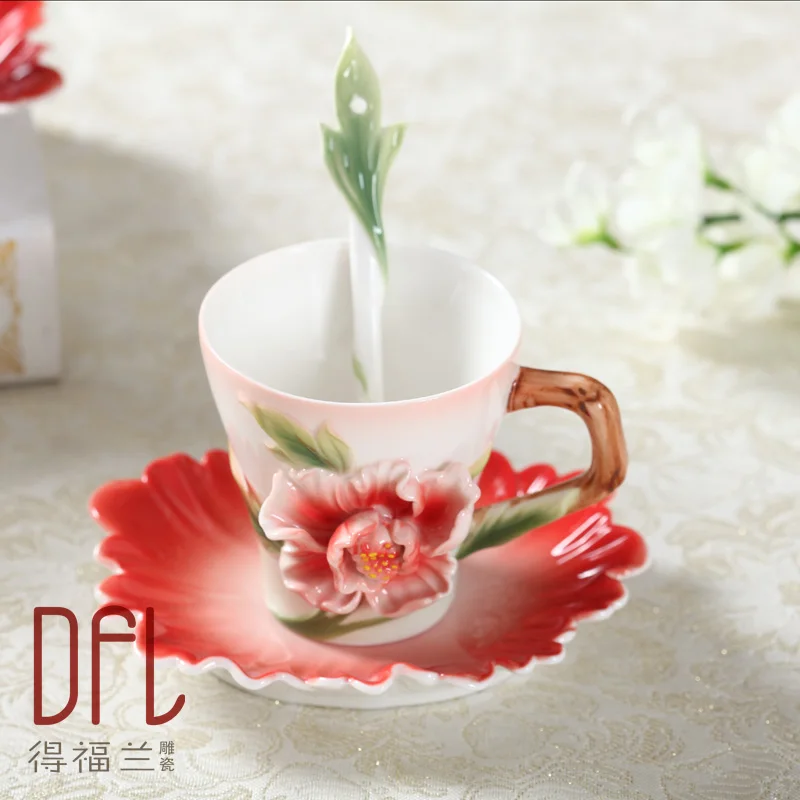 Enamel Painted Coffee Cups Bone China Peony Hand-carved Mug with saucers scoop creativity marriage birthday gift valentine's day