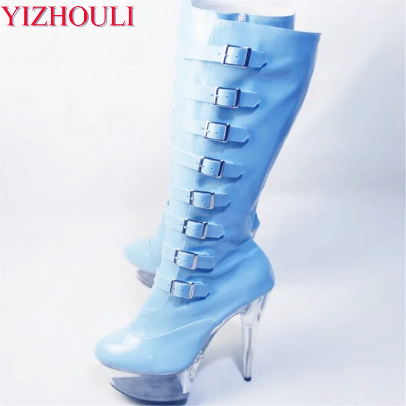 15cm Ultra High Heels Knee-High Boots Punk Hasp Shoes Side Zipper Round Toe Boots 6 Inch Fashion Gothic High Gladiator Boots