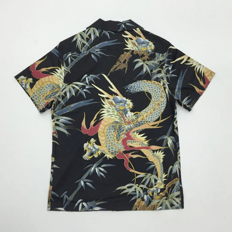 BOB DONG Dragon Bamboo Pattern \'Aloha\' Hawaiian Shirts For Men Camp Collar Black