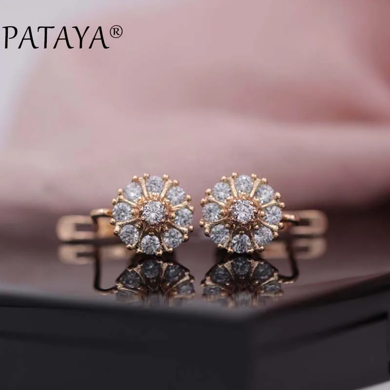 PATAYA New Lotus Drop Earrings 585 Rose Gold Color Natural Zircon Earrings Women White Wedding Jewelry Bridal Blue Drop Earrings