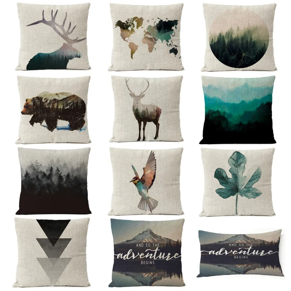 

Nordic Geometric Deer Bear Plant Pillow Cover Leaf Forest Linen Cushion Cover Home Decorative Throw Pillows sofa Pillow Covers