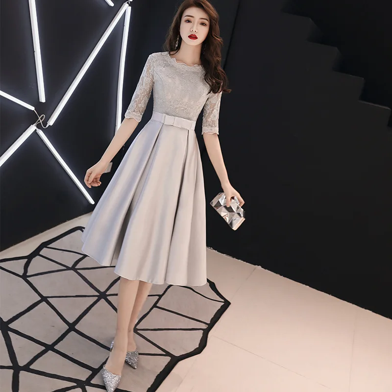 2022 New Spring Korean Style Evening Dress O-neck Half Sleeve Silver Slim Prom Party Dresses Sashes Bow Tea Length Haute Couture