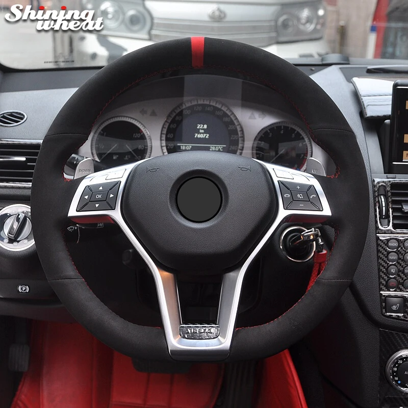 Shining wheat Red Marker Black Suede Steering Wheel Cover for Mercedes-Benz GLK300 GLK200 GLK260