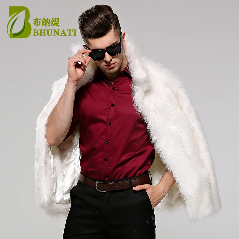 BHUNATI Mens Fur Coat White Stand Collar Long Sleeve Winter Men Fur Coat Winter Faux Fur Solid Loose Fox Fur Jacket Men Casual