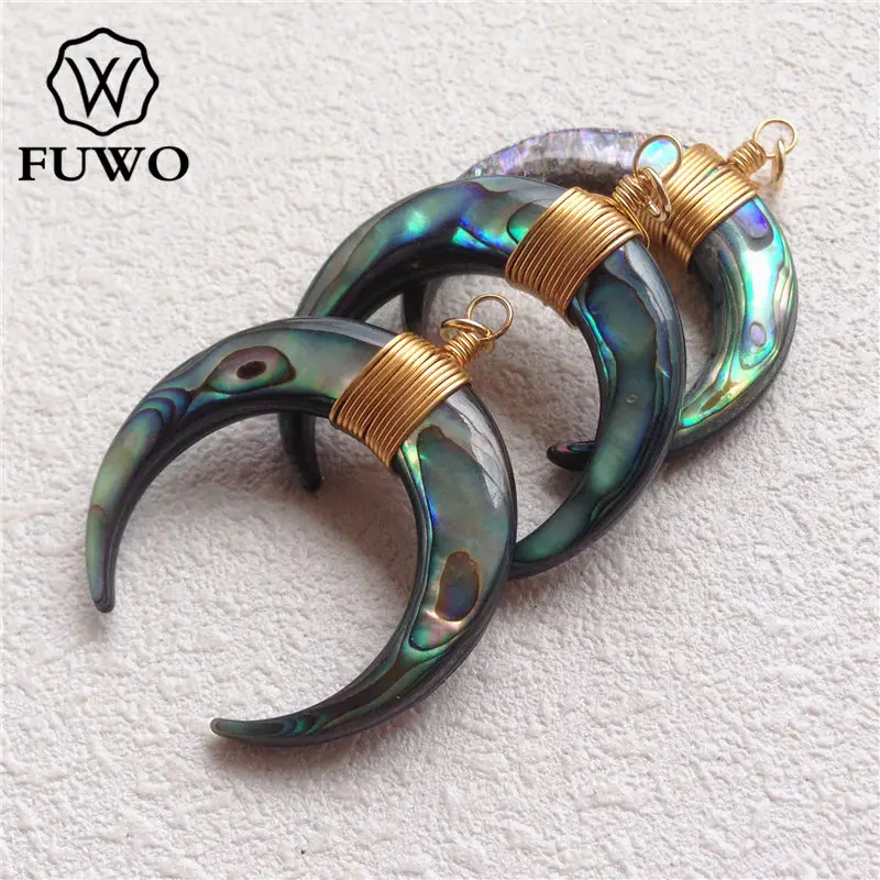 FUWO Wholeasle Big Size 35mm Abalone Shell Crescent Pendant,Golden Wire Wrap Moon Accessories For Women Jewelry Making 5Pc PD563