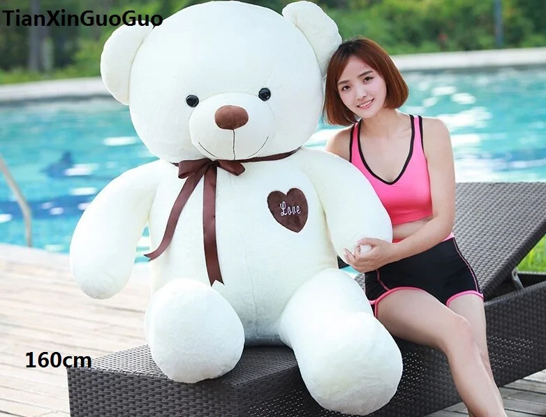 stuffed toy huge 160cm white teddy Bear plush toy silk belt love bear doll hugging pillow Christmas gift b0900