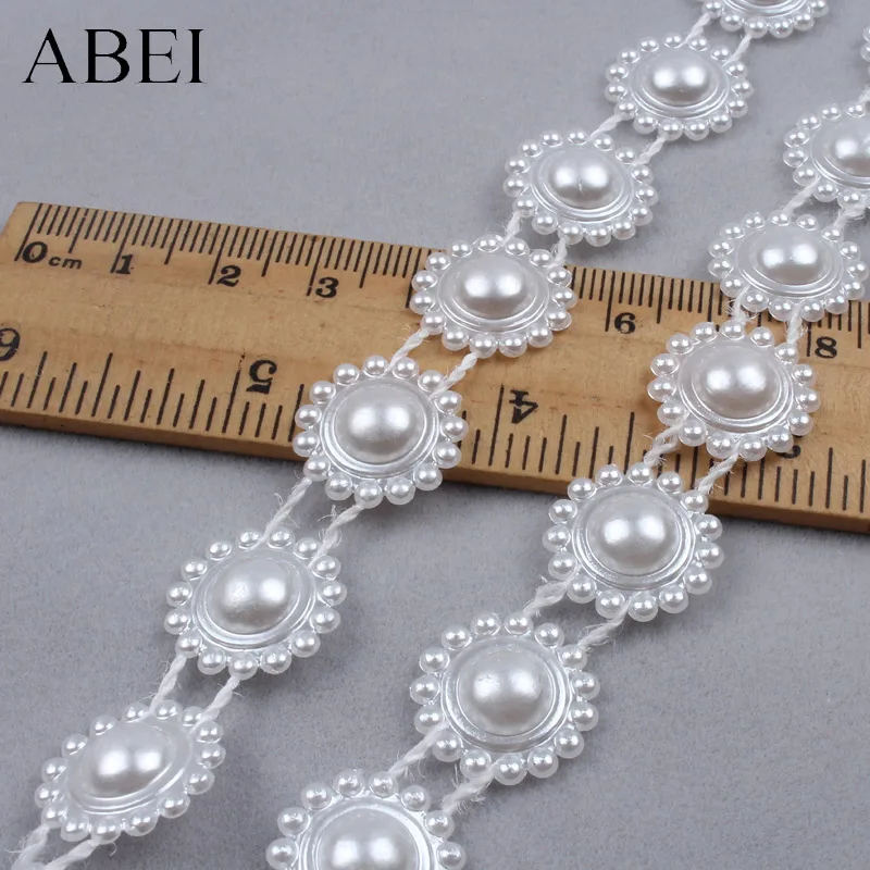 2yards 15mm Round Flower Beaded Ribbon Cotton Thread Pearl Bead Lace White Lace Trims For Clothes Decoration Wedding Ornaments