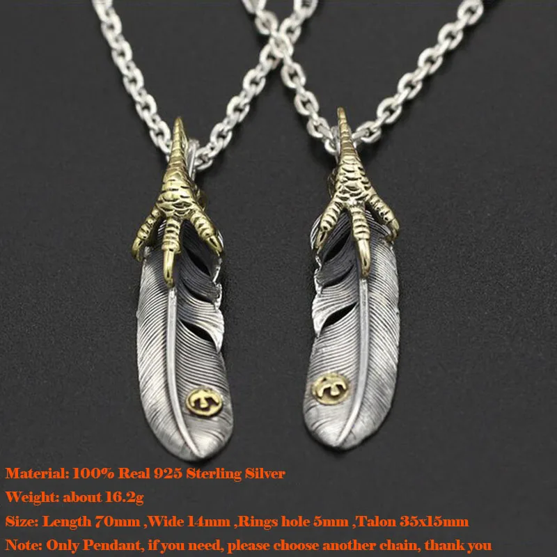 Eagle Claw Feather Pendant 100% Real 925 Sterling Silver Necklace Pendant Fine jewelry for Women Men Fashion jewelry