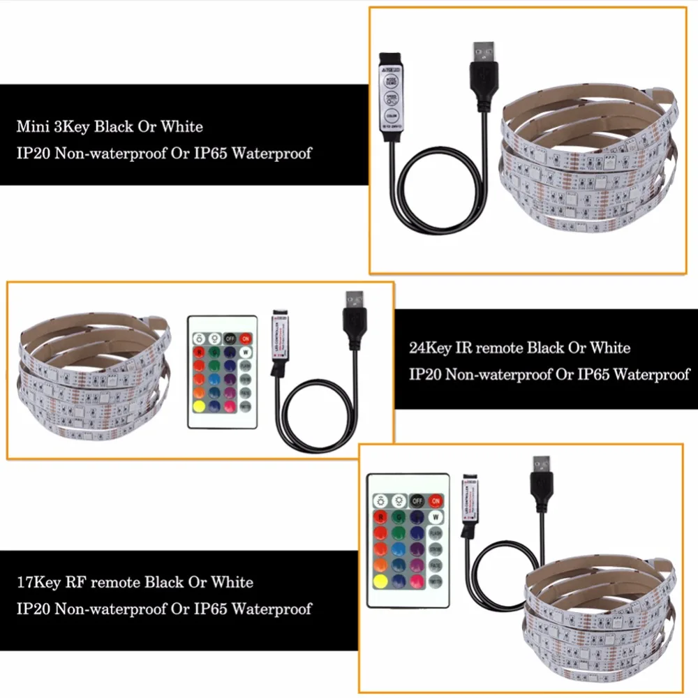 USB LED Strip DC5V 5050 RGB Mini 3Key 17Key RF IR Remote 50CM 1M 2M 3M Flexible Light TV Background Lighting Ribbon Tape IP65