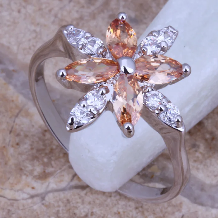 Incredible Champagne Morganite White CZ Silver Plated Ring Size 6 / 7 D860