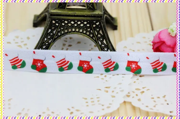 DHK 5/8'' 5yards Fold Over Elastic FOE christmas socks printed headband hair band diy decoration OEM Wholesale C267