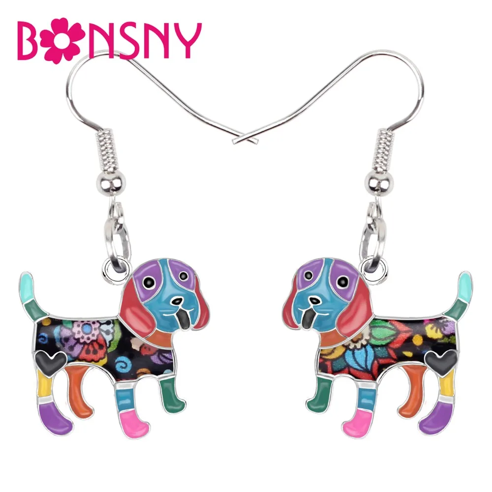 Bonsny Enamel Cartoon Beagle Dog Earrings Dangle Drop Cute Pet Animal Metal Jewelry For Women Girl Kids Fashion Birthday Gift