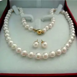 8-9MM Real Natural White Akoya Cultured Pearl 18kGP necklace earrings set AAA