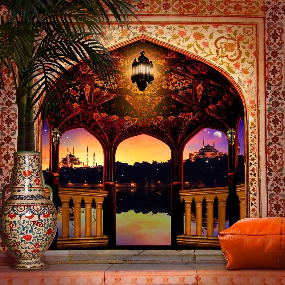 

floor arabian balcony palace night column light palm tree backdrops Computer print wedding background