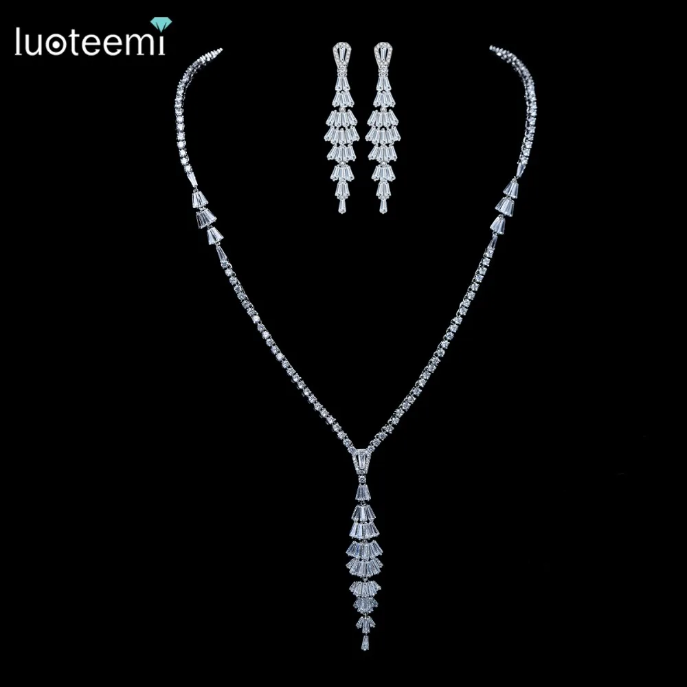 

LUOTEEMI Tops Fashion New Design Zircon Bridal Wedding Statement Earrings Necklace Jewelry Sets For Women Engagement Party Sets