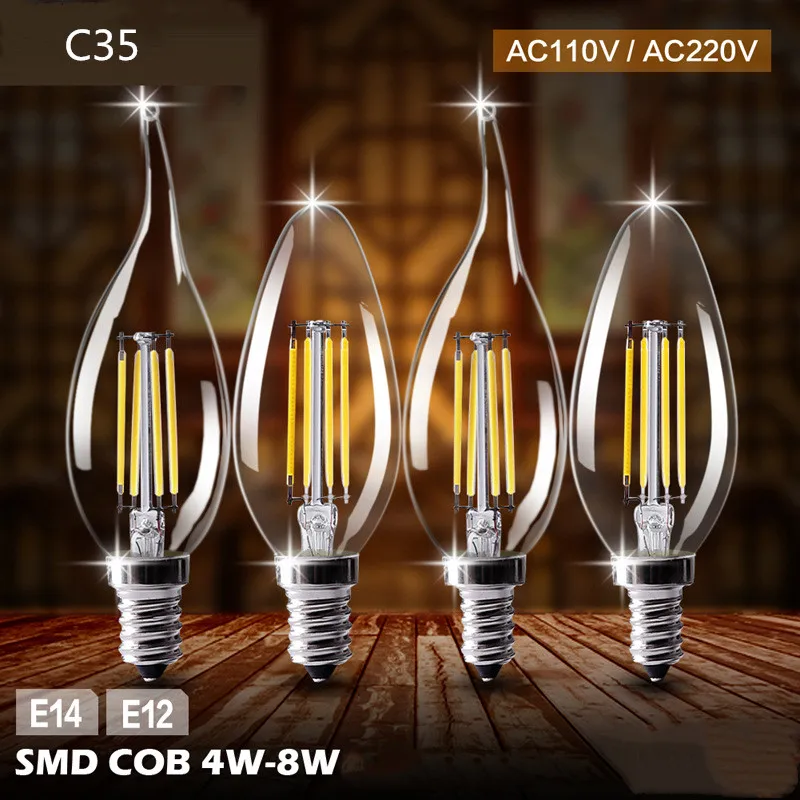 Candle Bulb E27 E14 2W 4W 6W AC 220V Retro antique Glass Edison Lamp Vintage C35 Filament Light 360 Degree