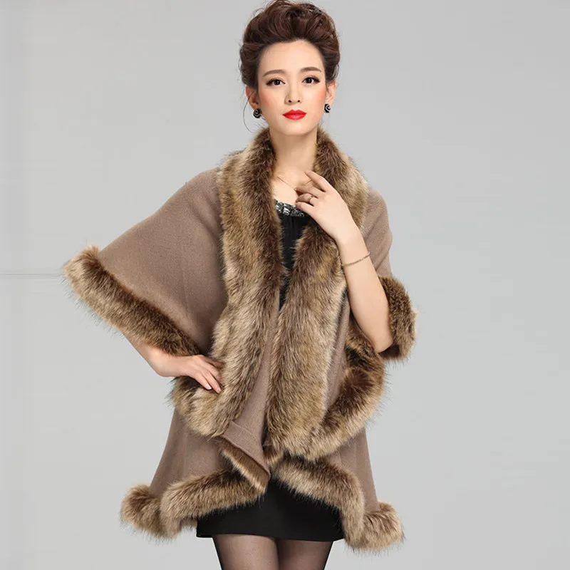 New Women  winter cape Faux Fox Fur Coat  Black Knitted Cardigan Poncho And Caps Knitted Sweater Lady Scarves Coat