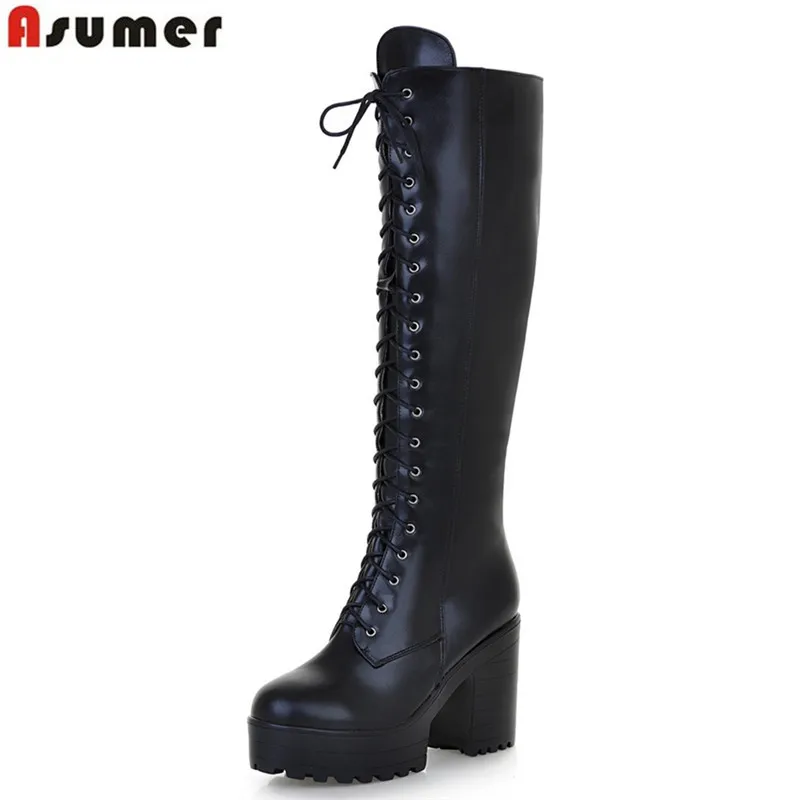 ASUMER 2024 New big size knee high boots women square high heels platform ladies boots lace up autumn winter boots female