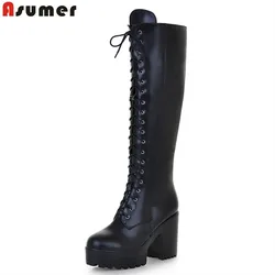 ASUMER 2024 New big size knee high boots women square high heels platform ladies boots lace up autumn winter boots female