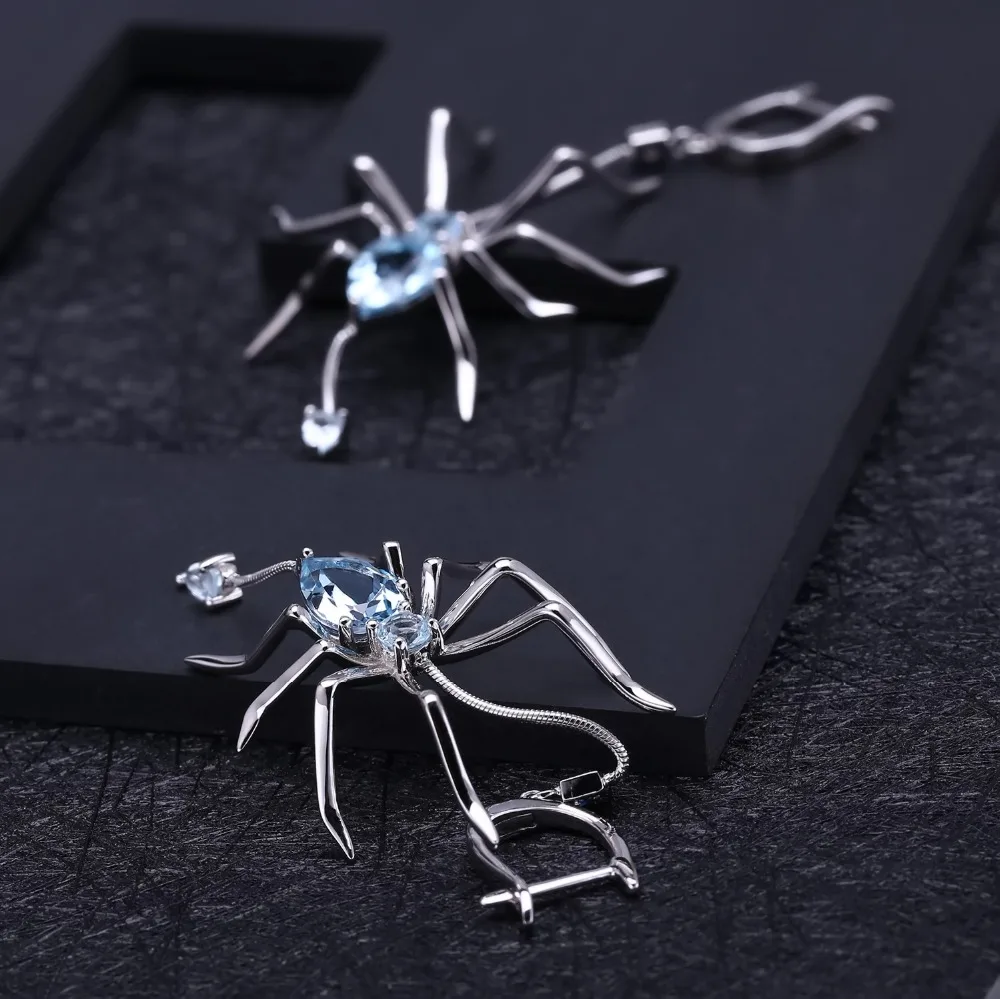GEM\'S BALLET Natural Sky Blue Topaz Spider Earrings 925 Sterling Sliver Vintage Gothic Punk Drop Earrings For Women Fine Jewelry