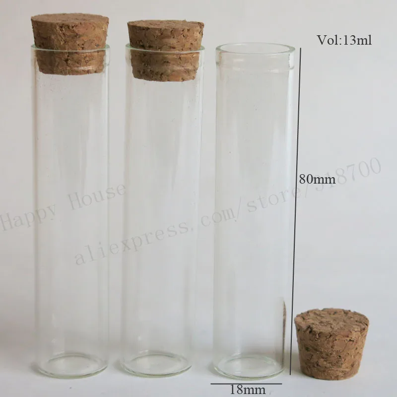 

100pcs/lot 13ml Clear Glass Tube With Wood Cork Stoppers18*80mm Small Flat Bottom Glass Test Sample Vials Jars Storage Bottles