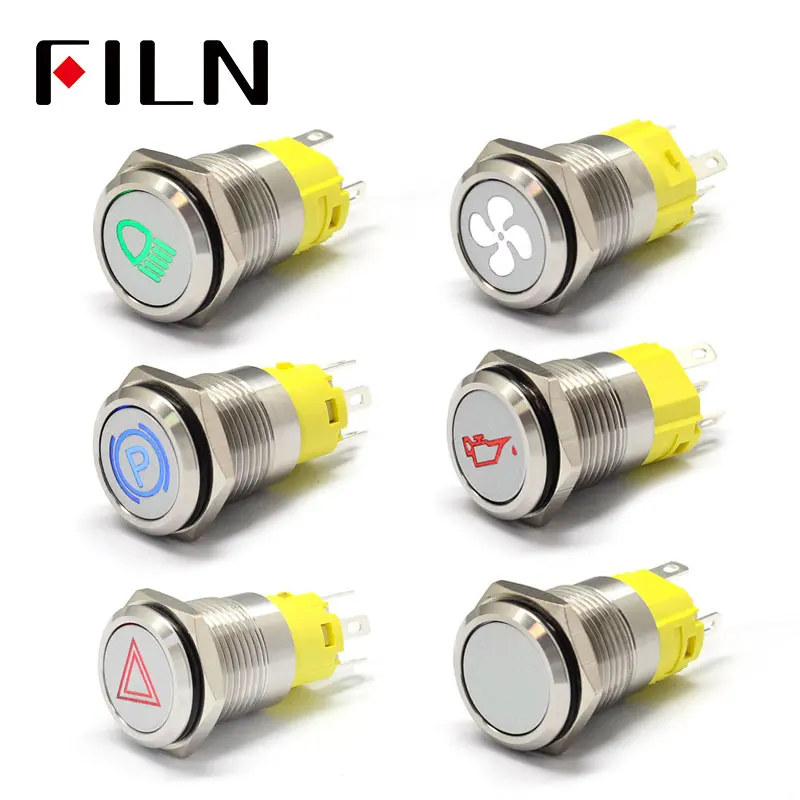 16mm 12v LED  Silver shell metal push button switch dashboard customsymbol momentary latching on off car racing switch