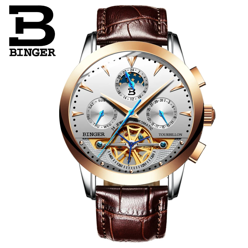 Tourbillion Mechanical Wristwatches Switzerland luxury Men\'s watch BINGER brand Sapphire Genuine Leather Strap Clock B1188-10