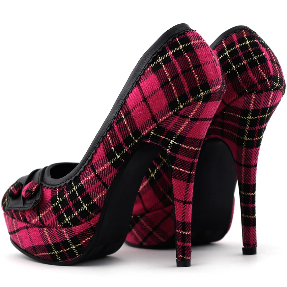 LF30441 Hot Pink/Red Checkered Buttons Platform Stiletto Party Pumps