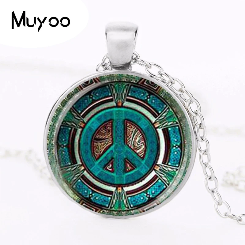 Hippie Peace Sign Glass Dome Pendant Necklace DIY Handmade Fashion Jewelry Vintage Charm Trendy Gift for Men Women HZ1