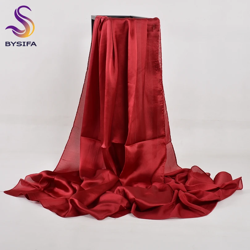 BYSIFA-bufanda de seda china para mujer, chal largo de satén, bufandas de lujo de color rojo vino, pañuelo musulmán Simple para la cabeza, 180x90cm