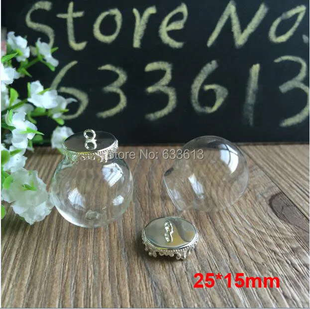 

Free ship 300sets/lot 25*15mm glass globe & 15mm silver crown base with ring findings set glass bubble DIY charm vial pendant