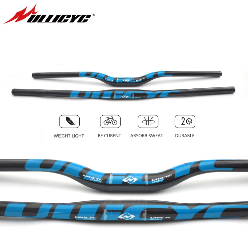 Kierownica rowerowa Ullicyc Full Carbon MTB 3K Gloss Blue 580-740mm Flat/Rise, lekka, ulepszona wersja do MTB i hulajnóg elektrycznych