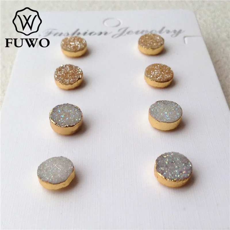 FUWO Natural Druzy Stud Earrings,Gold Color Plated Minimalist Design Aura Crystal Cluster Earrings Jewelry For Women ER035 5Pair