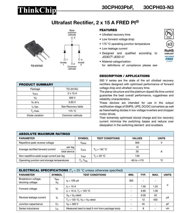 (5 pcs) 30CPH03 TO-247 30CPH03PBF Fast / Ultrafast Diode, 300 V, 30 A, Dual Common Cathode, 1.25 V, 40 ns, 140 A