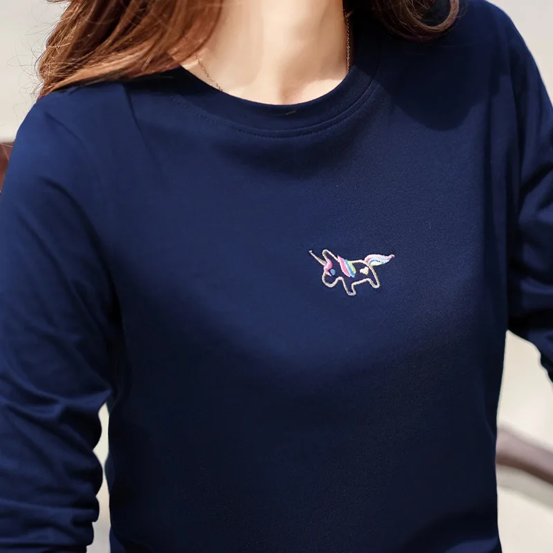 Winter Long Sleeve Shirt Women Tops Tees O-neck Kawaii Embroidery Women\'s T-shirts Cotton Solid Female Tshirts Casual Pullovers