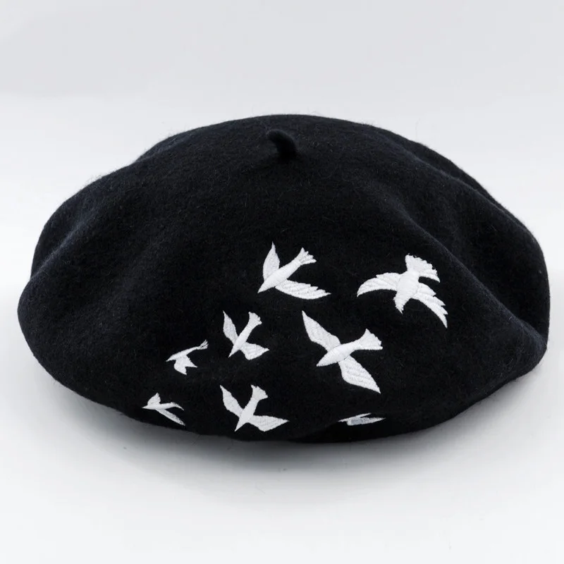 Winter hats for women Berets Knitted wool beret mujer Embroidered Swallows Pattern Berets Hats Baret Warm Caps Boina Feminina