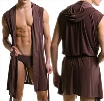 Robe de bain sexy pour hommes, pyjama en soie, vêtements de nuit, à capuche, 4 couleurs, sans slip, tendance, été