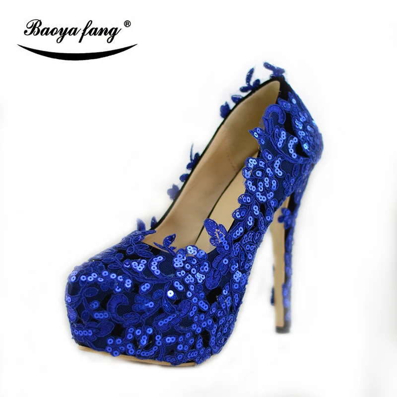 BaoYaFang Blue Lace flower wedding shoes women Bridal High heels Platform shoes woman party dress shoes super big size 45