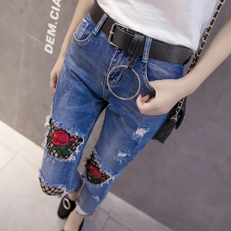 2024 Spring Fishing Net Hollow Rose Flower Splice Jeans Women Mid Waist Sexy Denim Pant Vintage Hole Skinny Pencil Pants R293