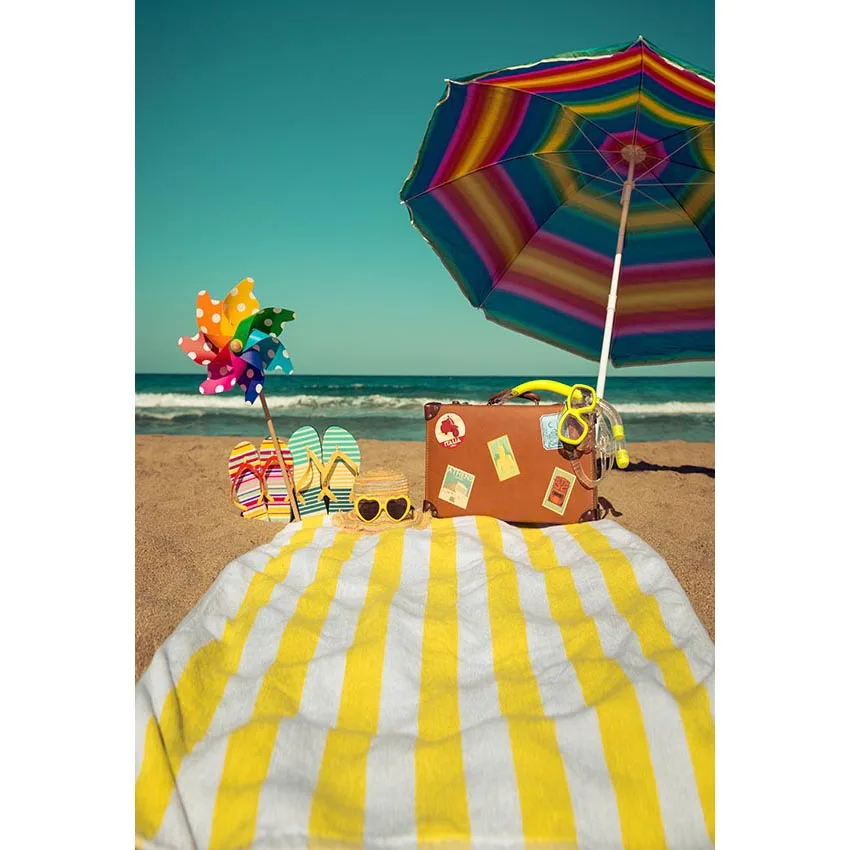 

Summer Holiday Beach Theme Backdrop for Photography Printed Umbrella Suitcase Colorful Pinwheel Toy Baby Kids Photo Backgrounds