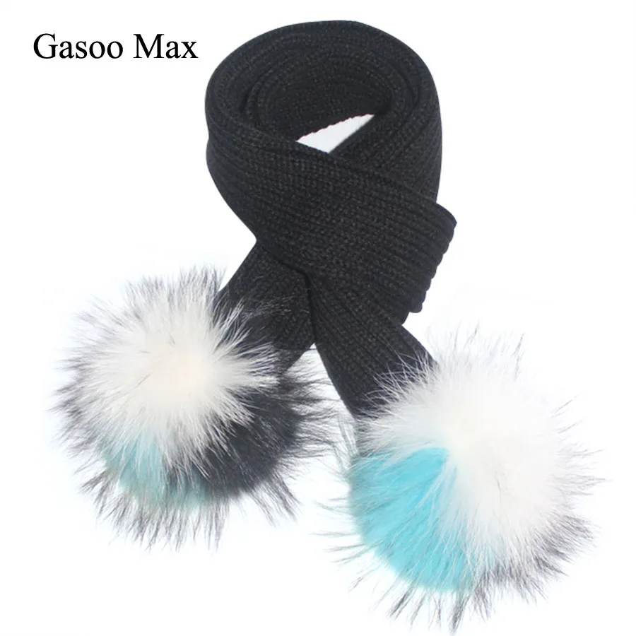 Gasoo Max Brand Children Scarf Winter Warm Knitted With 2 Pcs Colorful Detachable Pom Pom Real Raccoon Fur Pompom Baby Scarves