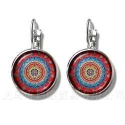 Classic Indian Henna Yoga Earrings Om Symbol Buddhism Zen Colorful Mandala Flower Silver Plated Stud Earrings For Women