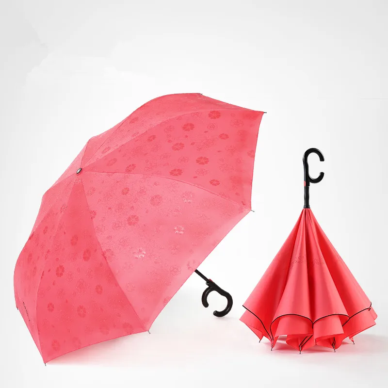 115cm 2-3persons auto open C-Hook Enlarge double layers Reverse hands-free umbrella Inverted water flower magic standing parasol