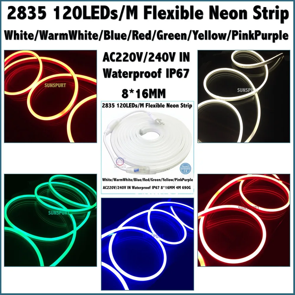 

1-50Meters IP67 AC220V IN LED Light Strip SMD2835 120LEDs/M Flexible Neon Strip White WarmWhite Blue Red Green Yellow PinkPurple