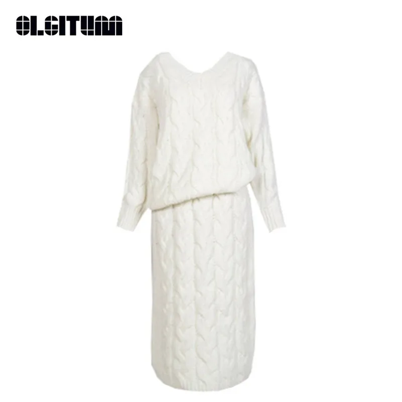 

New Fashion 2020 Autumn/Winter Knit Suit Korean V-neck Loose Pullover Sweater + Long Dress Two-pieces MILKY Dark Blue 2 Colors
