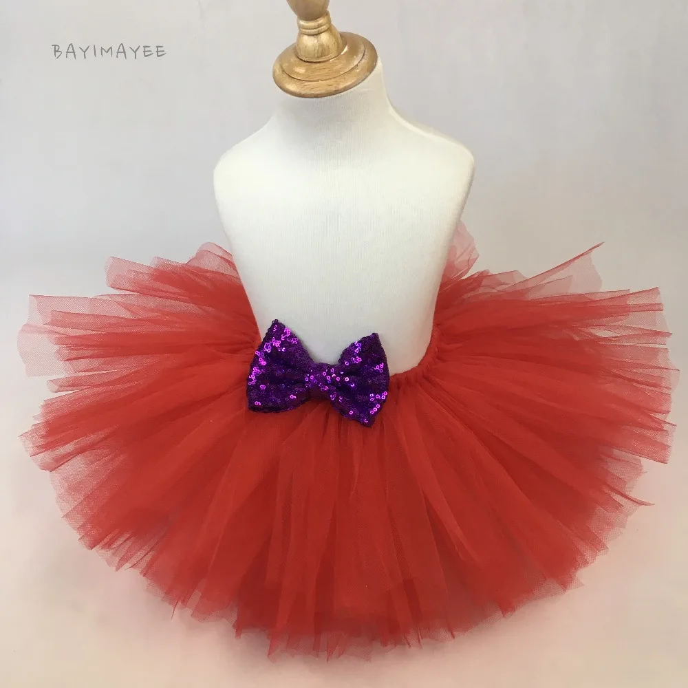 Girls Red Tutu Skirt Baby Fluffy Tulle Ballet Pettiskirts with Sequin Bow Kids Party Skirt Costume Children Dance Underskirts