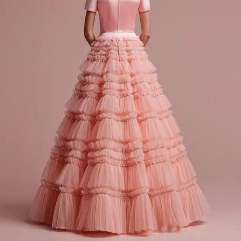 Boutique Tiered Beaded Tulle Skirt Fashion Puffy Ruffles Cake Layers Long Skirts Womens Maxi Saias Jupe Skirt Prom Party Outfit