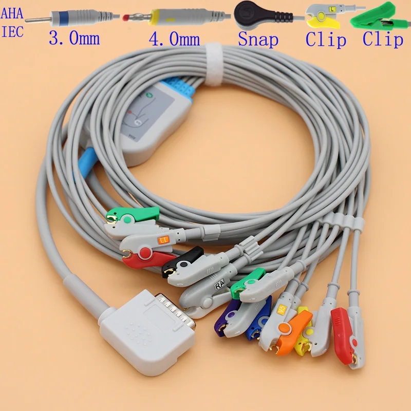 DB15 pins ECG EKG 10 leads cable and electrode leadwire for Kanz PC-109 monitor,ECG108/110/1203/1205 AHA or IEC cable.