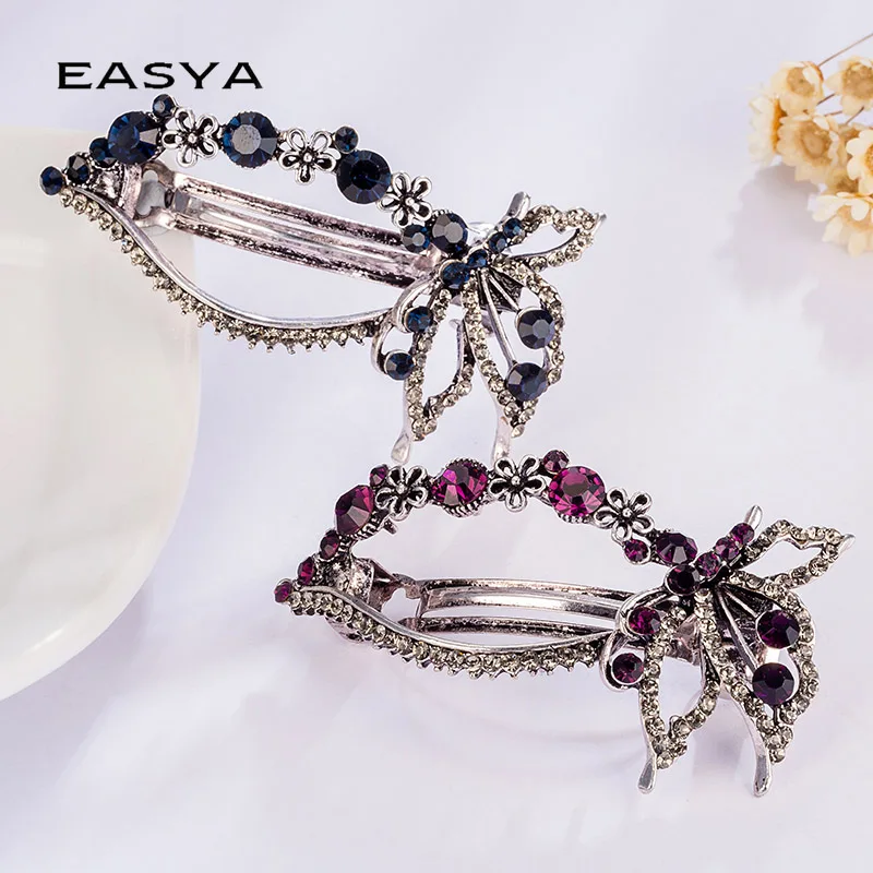 EASYA Vintage Antique Metal Crystal Heart Hairgrips Purple Blue Butterfly Flower HairPins For Women\'s Hair Accessories