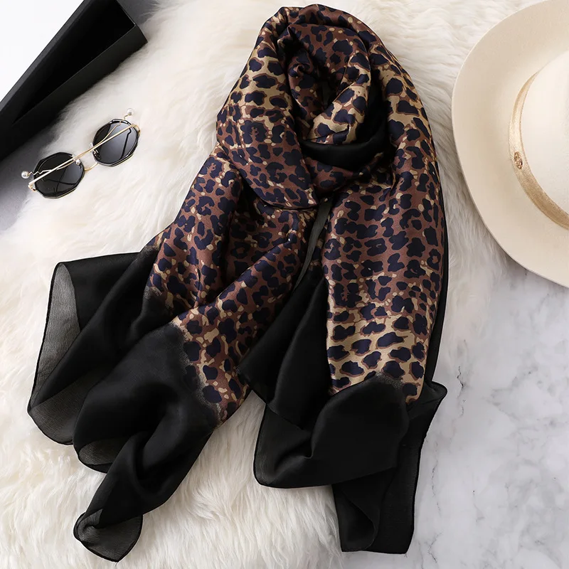 2023 Luxury Women Ombre Leopard Dot Natural Silk Scarf Lady Fashion Print Shawls and Wraps Pashmina Foulards Bandana Hijab Snood